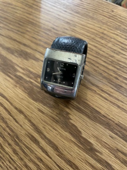 Geneva Square-Face Watch with Black Leather Band