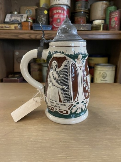 German Beer Stein with Pewter Lid - Harp Scene