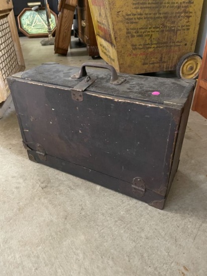 Large Wooden Tool Chest with Iron Handle
