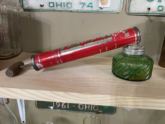 D-X Red Hand Oil Can and Green Swirl Glass Jar