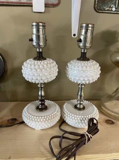 Pair of Vintage Hobnail Milk Glass Electric Table Lamps