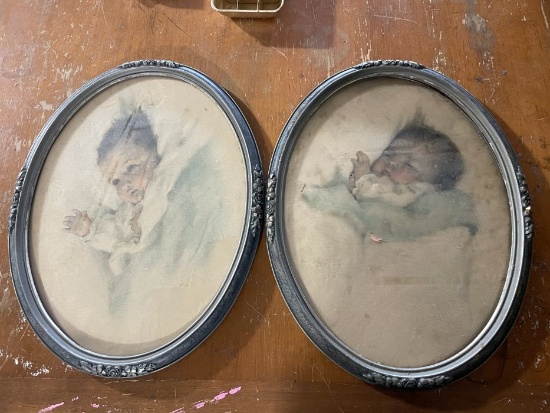 vintage baby portrait prints in ornate oval frames with floral embellishments