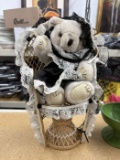 Dressed Teddy Bear in Wicker Chair