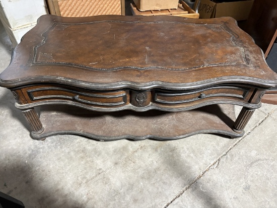 Ornate Wood Coffee Table With Drawers And Shelf
