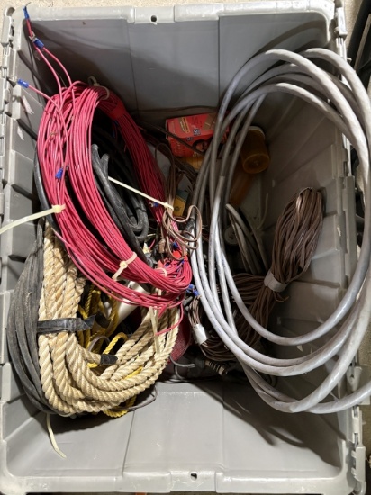 Tote of Electrical Wire, Cable, Rope and Miscellaneous Hardware
