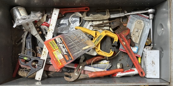 Large Box Lot of Assorted Hand Tools, Pipe Wrenches, Clamps & Hardware