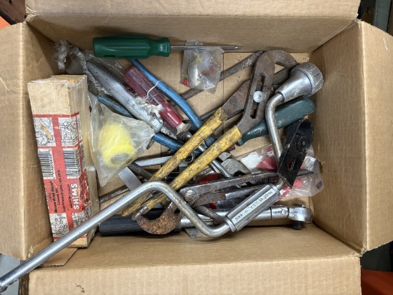 Box Lot of Assorted Hand Tools, Wrenches, Screwdrivers & Hardware