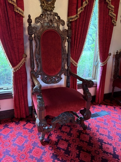 Antique Carved High-Back Throne Chair with Red Upholstery