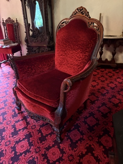 Antique Red Upholstered Parlor Armchair