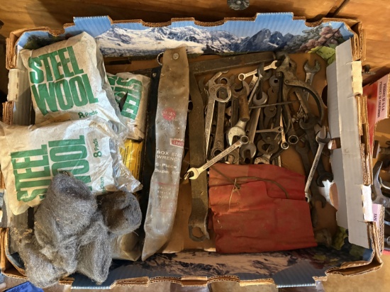Box of Assorted Vintage Wrenches Hand Tools and Steel Wool