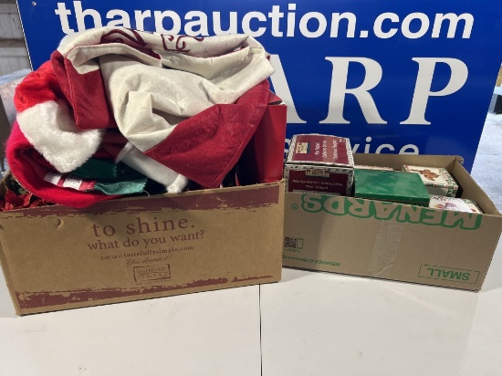 2 Boxes of Christmas Decor & Tree Skirts