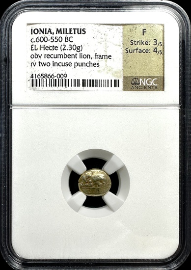 Early Electrum Lion Coin from Ionia (Miletus) â€“ Rare Hecte, Fine Grade 3x4