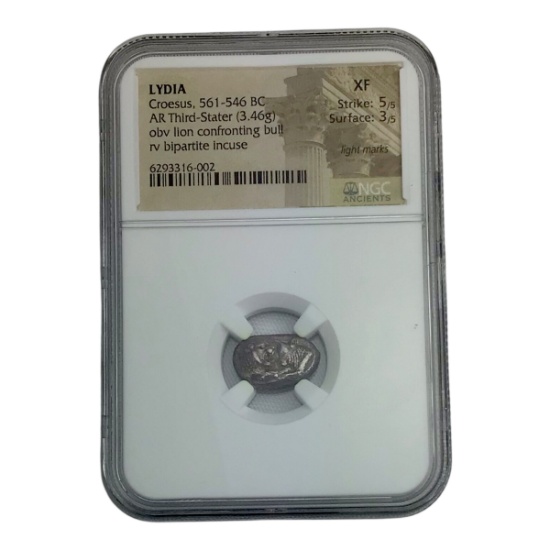 Ancient Silver Coin of King Croesus of Lydia (561â€“546 B.C.) â€“ 1/3 Stater, Extra Fine Condition