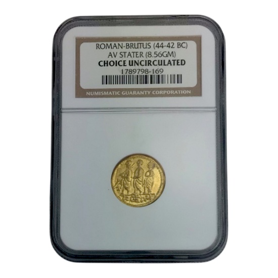 Gold Coin of Brutus (44â€“42 B.C.) â€“ Roman Republic Era, NGC Certified Choice Uncirculated