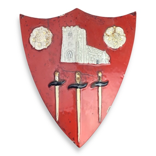 Possibly 16th Century Spanish Heraldic Crest - Castle, Daggers, and Floral Motifs on Red Ground