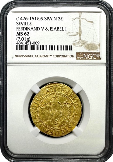 Spanish 2 Escudo Gold Coin (1476â€“1516) â€“ Seville Mint, Graded MS-62
