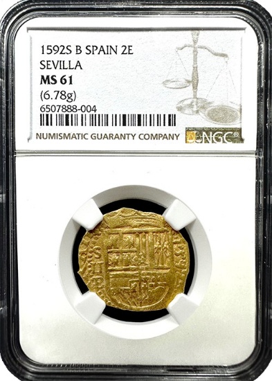 1592 Spanish Gold 2 Escudo â€“ Seville Mint, NGC Graded MS-61