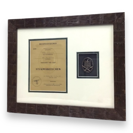 German WW2 General Assault Badge (Sturmabzeichen) with Award Document Unteroffizier Frank Beyer 1941