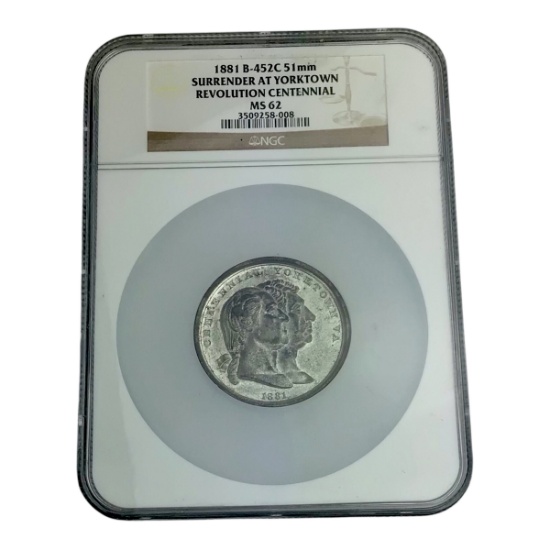 1881 Yorktown Centennial Medal â€“ Washington Obverse, NGC Mint State 62