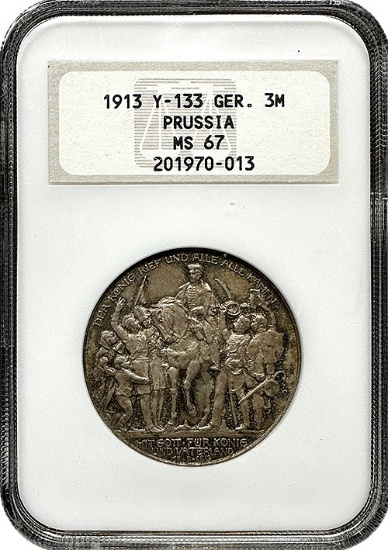 1913 Prussia (Germany) 3 Mark Silver Coin â€“ NGC Graded MS-67