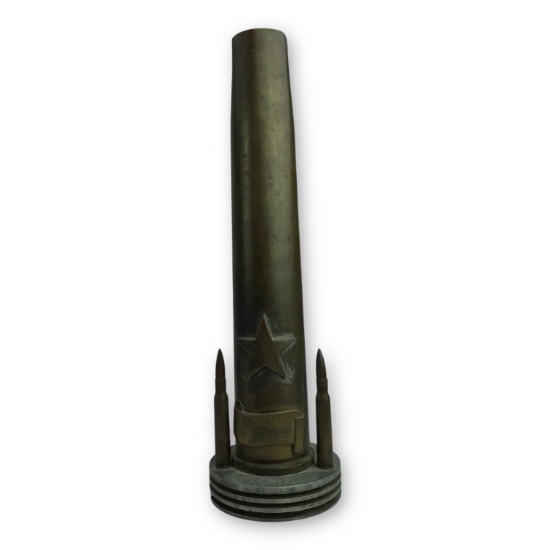 WW1-Era Trench Art Lamp – Artillery Shell Base with Star Motif & “God Bless America” Plaque