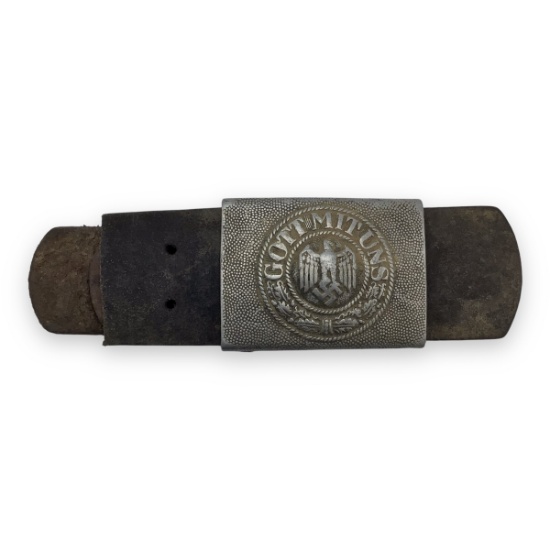 German WW2 EM/NCO Heer Army Aluminum Belt Buckle (Stamped "R.S.& S.") with Vet-Cut Belt - Vet Bring-