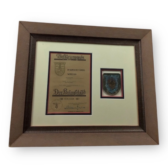 German WW2 Krim Shield with Framed Award Document - Named Presentation