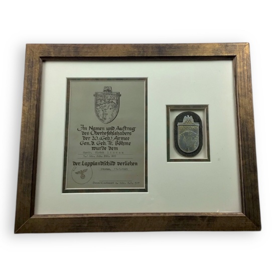German WW2 Lappland Shield - Framed with Named Award Document