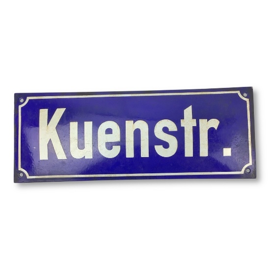German WW2 Enamel Street Sign â€“ â€œKuenstraÃŸeâ€ Blue & White Steel Plaque