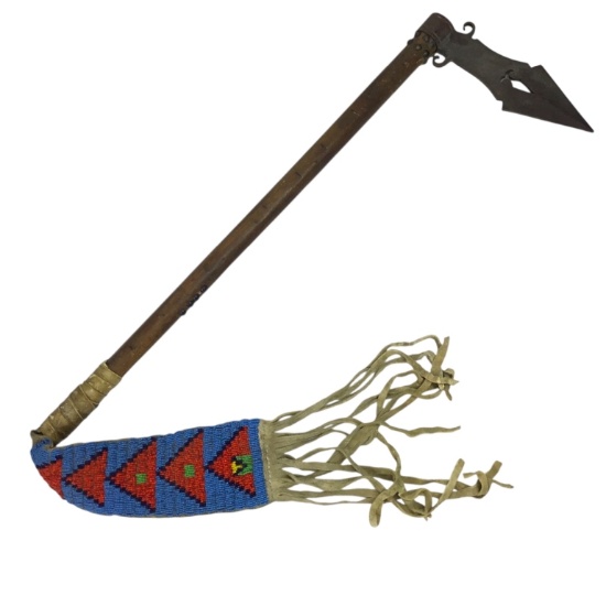 Large Native American Trade Tomahawk w/ Beaded and Leather Fringe Drop Indian War Period c.1880-1905