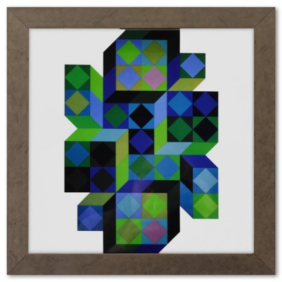 Victor Vasarely (1908-1997), "Tridim - B de la sÃ©rie Hommage A L'Hexagone" Framed 1971 Heliograv...