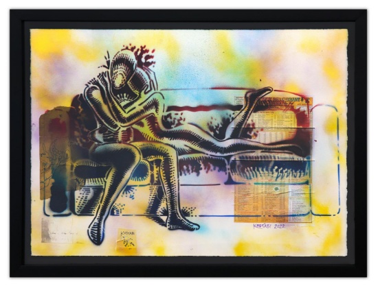 Mark Kostabi- Original Mixed Media on Paper "Ordering In"