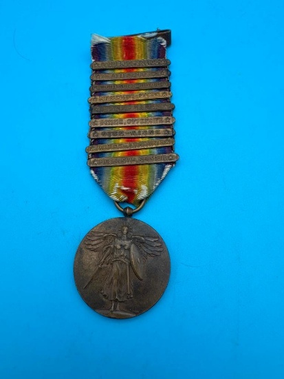VINTAGE WW I U.S. Victory Medal with 9 Battle Bars
