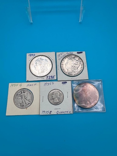 5-Piece Silver Coin Lot  Morgans  Walking Liberty  1935-S Quarter