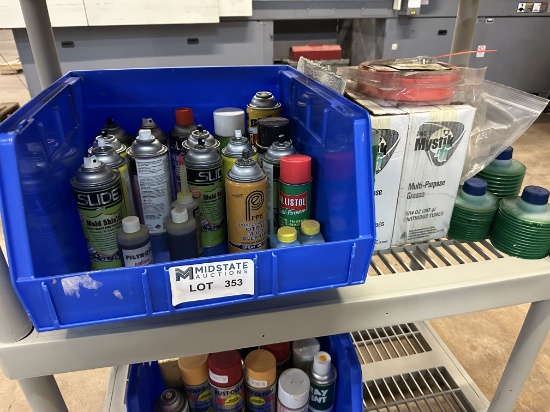 Blue Stackable Plastic Bin With Multiple Cans Of Mold Shield. (2)boxes Mystik Jt-6 Multi-pupose #...