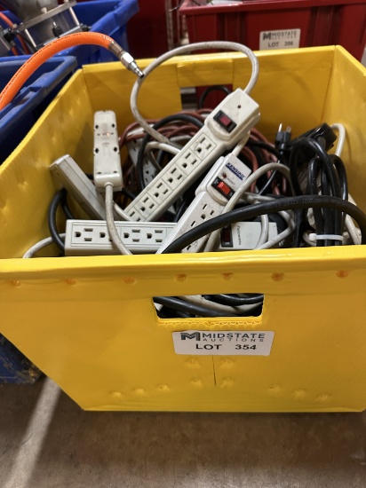 Yellow Tote With Multiple 6-outlet Power Strip Cords. Extension Cords.