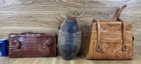 Taxidermy Purses Caiman / Alligator, Armadillo, Leather Oddity - Lot of 3 Purse