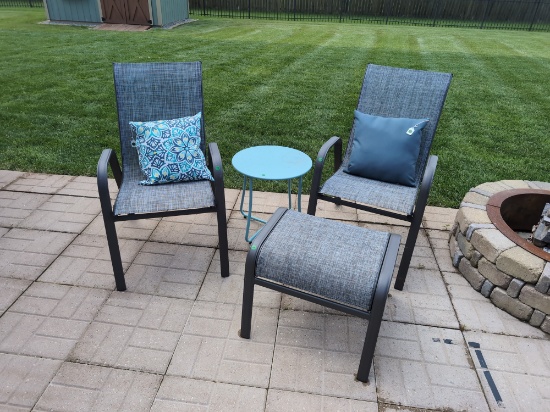 Two Outdoor Armchairs, Two Throw Pillows,(1) Side Table, (1) Ottoman
