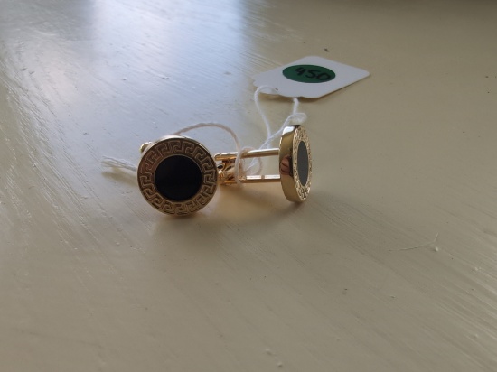 Gold-tone Greek Key Cufflinks With Black Enamel Inlay Classic Round Design