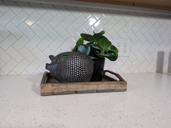 Home Decor Decorative Pig, Artificial Plant, Wood Tray