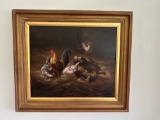 Signed Borofsky Farmyard Oil Painting Rooster & Hens In Barn Scene
