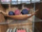 Large wooden bowl, salad paddle and fork, and yarn decor