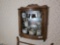 Oak Locked Wall Cabinet and Vintage Shaving Cups & Brushes