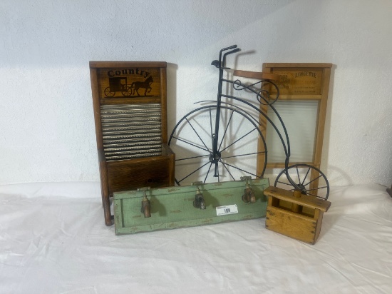 Rustic Primitive Decor Lot  Washboards, Bicycle Wall Art & Vintage Hooks