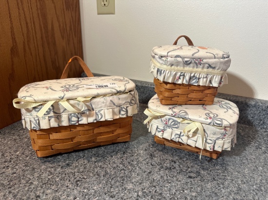 Set of 3 Fabric-Lined Longaberger Baskets with Lids