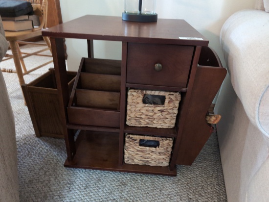 Wooden Swivel End Table with Storage Bins and Slots