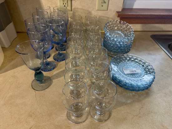 Assorted Blue & Clear Glassware with Glass Dishes