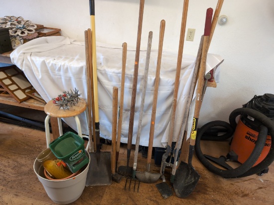 Assorted Garden and Hand Tools & Stool