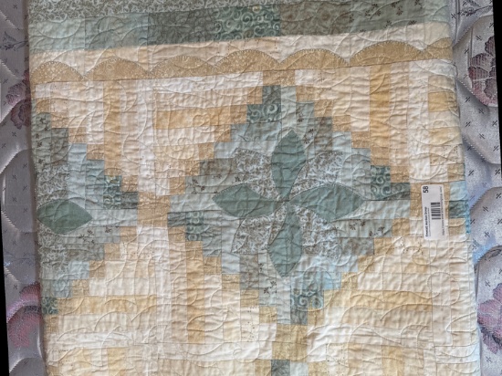 Handmade Teal & Beige Floral Quilt