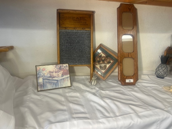 Vintage Washboard, Framed Art & Triple Photo Frame